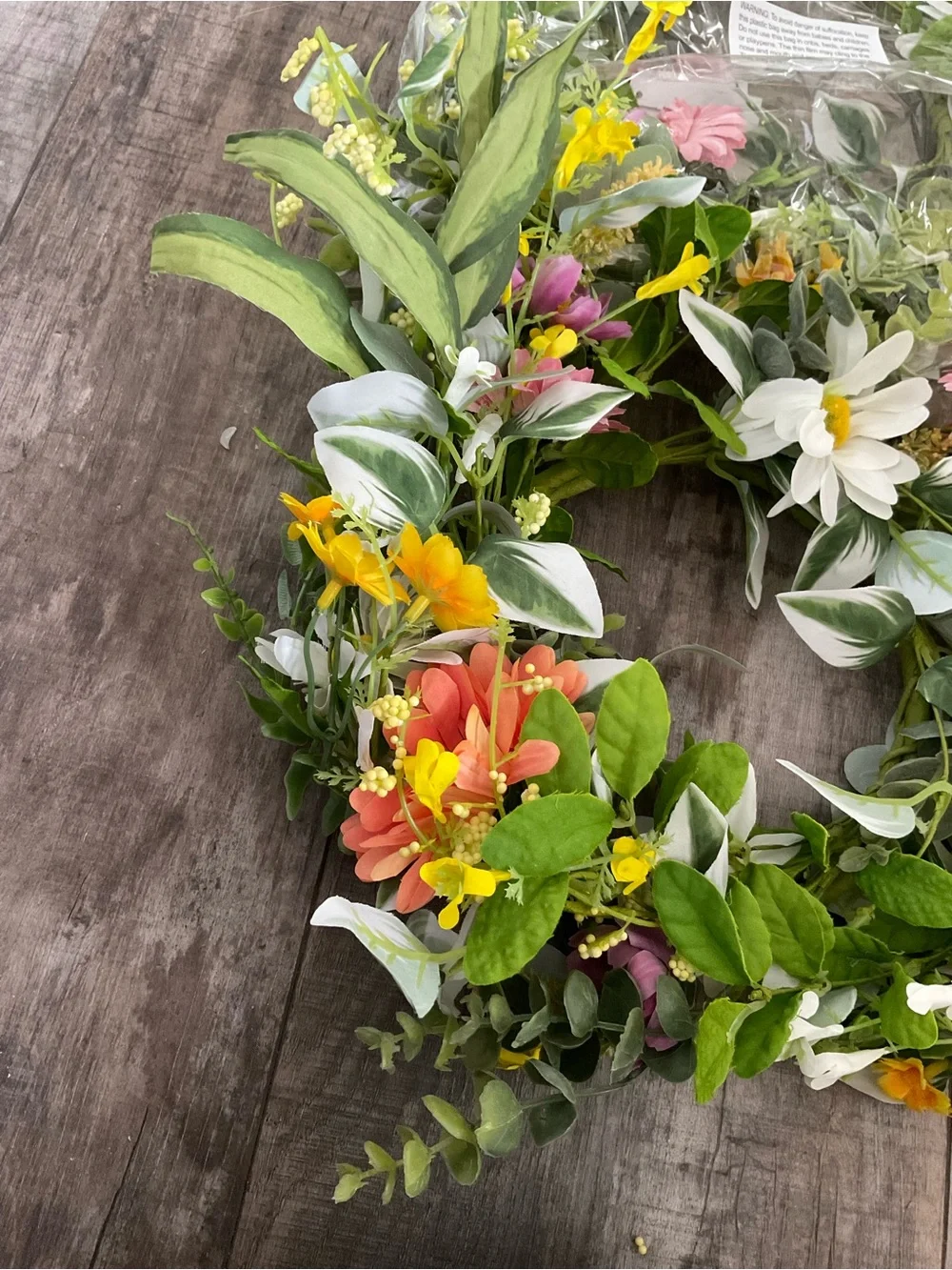 Faux Floral Wreath with Pink, Yellow & White Blooms